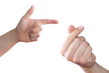Two white hands on a white background, one doing a gun shape and the other doing the Korean heart signの写真素材