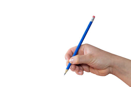 White hand holding a blue pencil on a white backgroundの写真素材