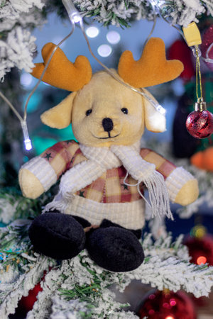 Christmas moose doll on a snowy christmas treeの写真素材