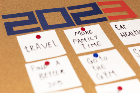 White notes with some resolutions for the year 2023 on a cork board.の写真素材