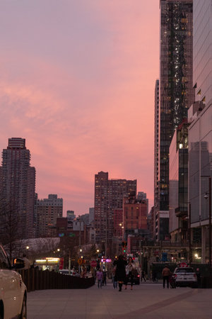 New York, United States - March 26, 2022: Beautiful purple and pink sunset in new york city