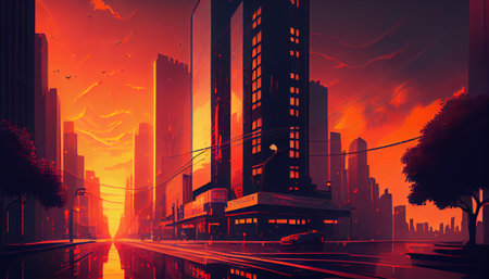 A fantastic sunset in a city without people. Generative AI illustration.の素材
