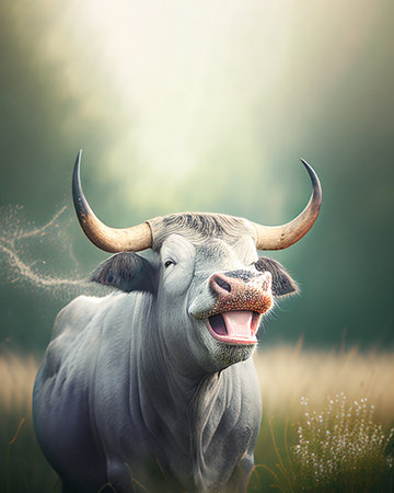A friendly and smiling white bull isolated on overgrown grass. Generative AI illustration.の素材