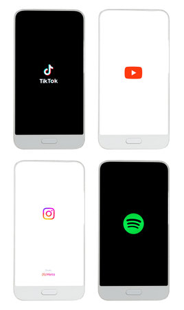 Bogota, Colombia - July 6, 2023. Tik Tok, Youtube, Instagram and Spotify starting screens template....