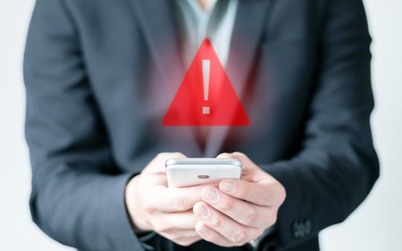 Businessman using a smartphone with a warning sign. System error hologram. Antivirus. Triangle error and caution notification. Concepts of system maintenance, privacy and data security.の写真素材