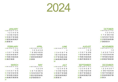 Horizontal 2024 calendar with blank space in the middle for text, image or . Green and black text on white background.の写真素材