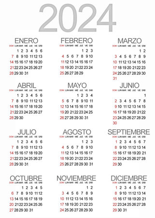 Vertical calendar in Spanish for 2024. Week starts on Sunday. Minimalist white background design.の写真素材