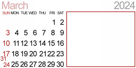 March 2024: Monthly Calendar with Dates, Copy spaceの写真素材