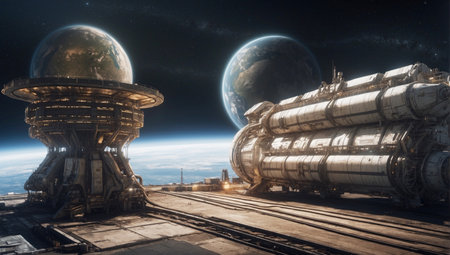 A space station with some earth planets and stars in the background. Technology. Cosmic exploration concept. AI Generatedの素材