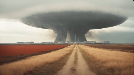 Nuclear Threat: Deadly Mushroom Emerges in Wheat Fields. Explosion in nuclear plant. Concept of devastation and terror.の素材