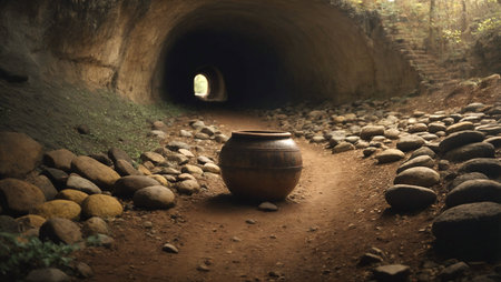 Clay Pot at the Entrance of a Cave with Stone Path. AI Generatedの素材