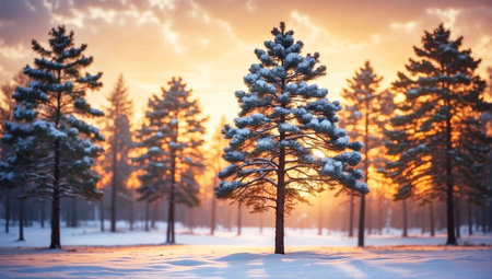 Winter Silence: Dawn among Giant Snow-Covered Pines. AI Generatedの素材