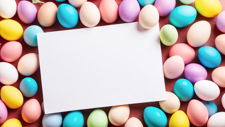 Colorful Easter eggs surrounding a blank sheet of paper. Easter Monday concept.の素材