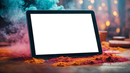 A tablet with blank screen and smoke colored paint in the background. Digital technology. Presentation of a technological product.の素材