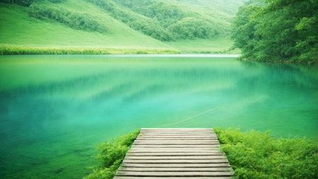 A small dock in front of a lake surrounded by vegetation with mountains in the background. Green landscape. No people.の素材