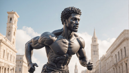 Marble statue of a strong black male athlete with a city in the background. Concept of sport. Body exercised by calisthenics.の素材