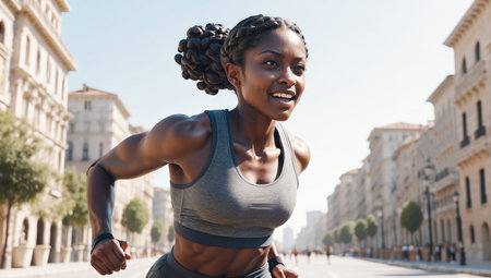 Beautiful black sportswoman running a marathon in a city on a sunny day. Concept of sport and healthy life.の素材