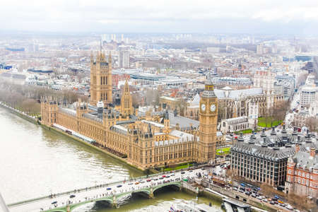 Palace of Winchester know as the Houses of Parliament, London in winter seen from aboveの写真素材
