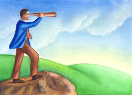 Businessman searching for new opportunities. Hand painted illustration.の写真素材