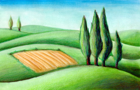 Country landscape. Typical tuscan hills in Italy. Hand drawn illustration.の写真素材