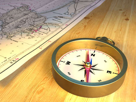 Compass and nautical map on a wood top. CG illustration.
