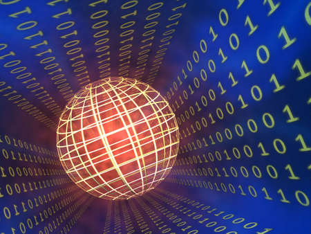 Binary code stream, glowing wireframe sphere. CG illustration.