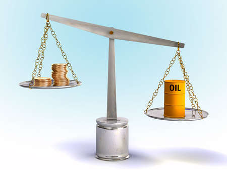 Coins and oil drum on a balance. Digital illustration.の写真素材