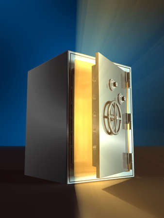 Warm light coming from inside an open safe. Digital illustration.