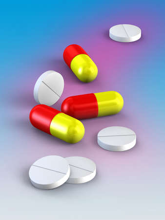Different pills on a colored surface. Digital illustration.