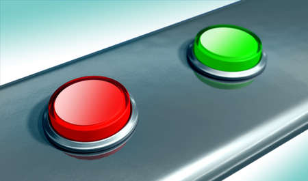 Red and green buttons on a metal plate. Digital illustration.