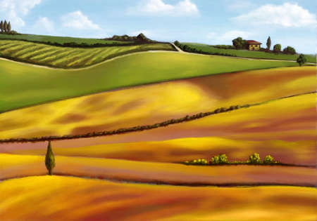 Farmland in Tuscany, Italy. Original mixed media illustration.の写真素材