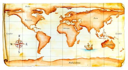 World map, antique style. Original hand painted illustration. 