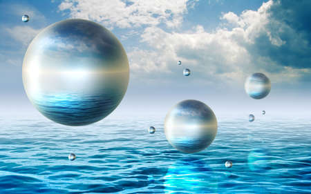 Metal spheres floating over a seascape. Digital illustration.の写真素材