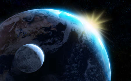 Raising sun illuminating our planet and moon. Digital illustratioの写真素材