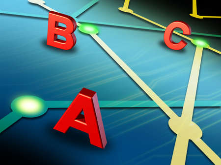 Going from A to B to C on a network. Digital illustration.