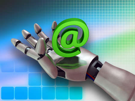 Robotic hand presenting an e-mail symbol. Digital illustration.の写真素材