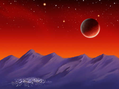 Planet rising over some mountains and a city at night. Digital illustration.