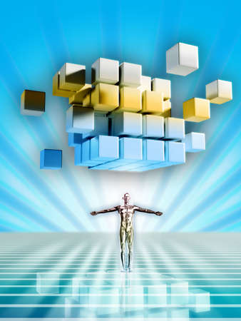 Robotic humanoid in a cyberspace setting. Digital illustration.