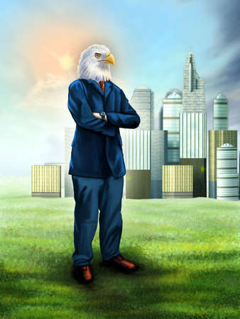 Smart businessman with an eagle head. Digital illustration.の写真素材