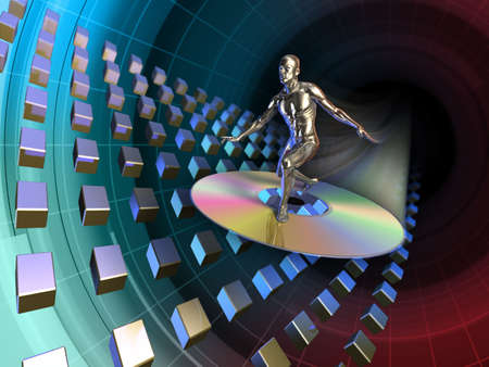 Android surfing on a compact disc. Digital illustration.