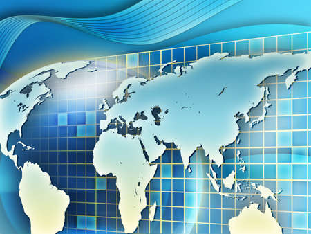 Earth's continents, cool hi-tech background. Digital illustration.