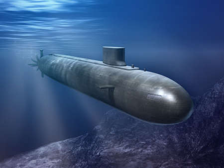 Nuclear submarine traveling underwater. Digital illustration.の写真素材