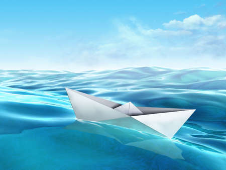 Origami paper boat floating in a sea. Digital illustrationの写真素材