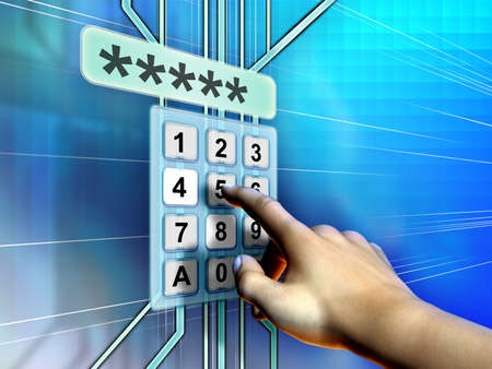 Hand selecting password on a keypad. Digital illustration.の写真素材