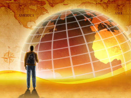 Traveler and world map rendered in a warm, retro style. Digital illustratrion.の写真素材
