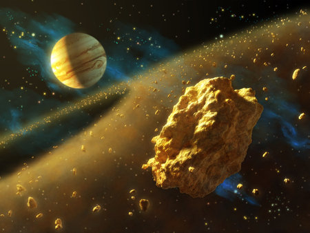 Asteroids belt in outer space, with Jupiter on background. Digital illustration.の写真素材