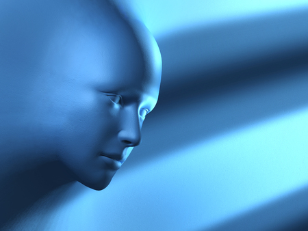 A mysterious head emerging from a blue surface. Digital illustration.の写真素材
