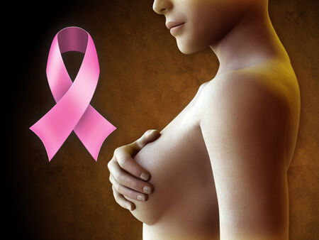 Composition of a young woman touching her breast and a big pink ribbon. Digital illustrationの写真素材