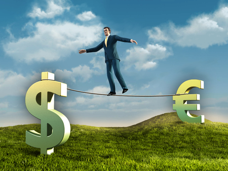 Businessman walking on a rope connecting some currencies symbols. Diigtal illustration.の写真素材