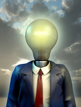 Businessman with his head replaced by a big light bulb. Digital illustration.の写真素材